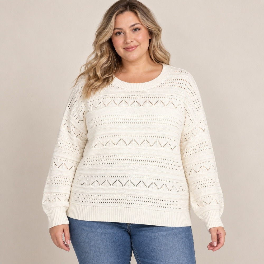 Design365 Ivory Pointelle Knit Sweater Womens 1X Plus Size Openwork Pullover